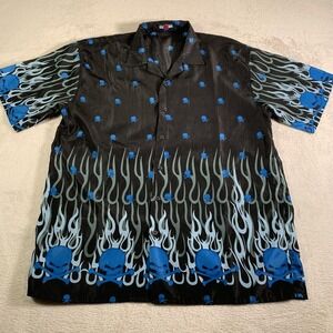 Y2K Scorpio USA Shirt Mens XL Black Skull Flame Graphic Satin Button Up Gothic